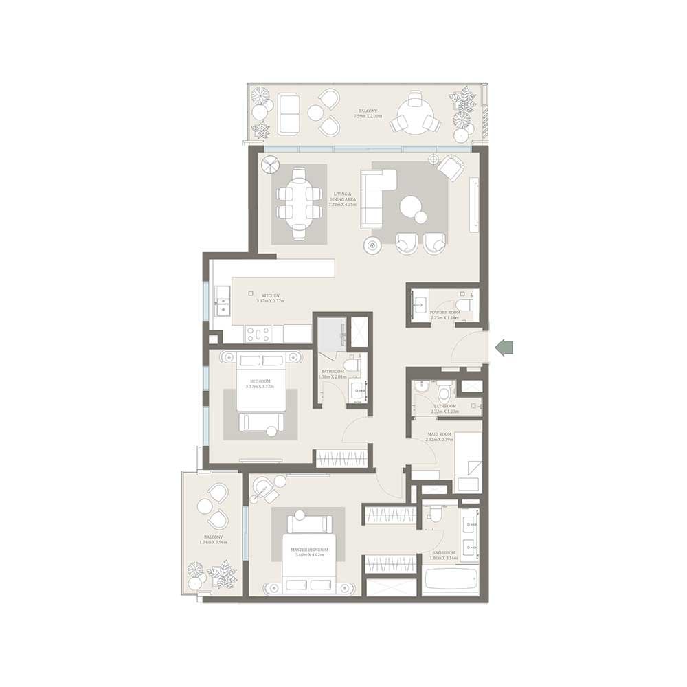 2 Bedroom + Maid's Room